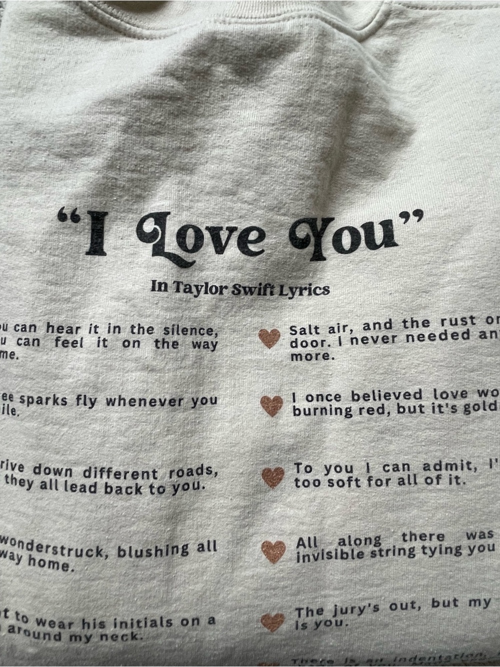 Taylor Swift Lyrics Heart Graphic Sweatshirt Oversized Beige Crewneck Size Large